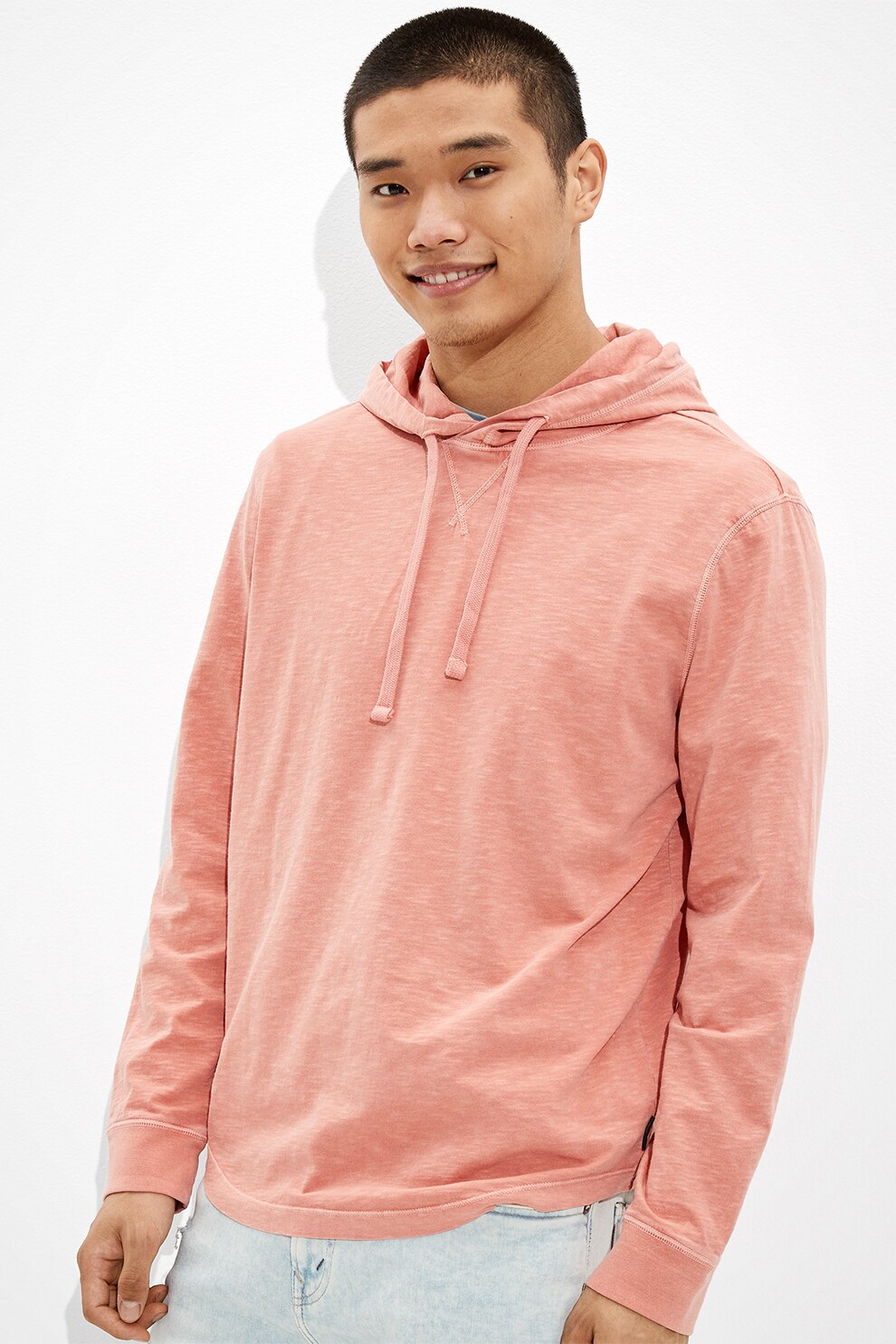 American Eagle, Hanorac din material usor, cu gluga ajustabila, Roz somon