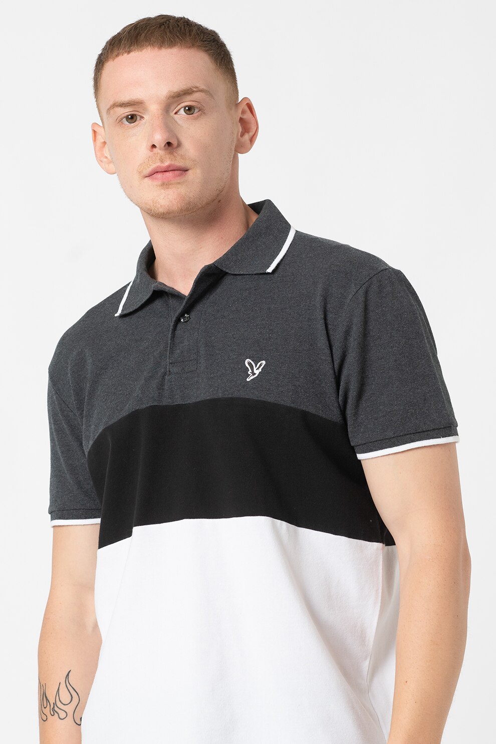 American Eagle, Tricou polo colorblock, Gri inchis/Negru/Alb