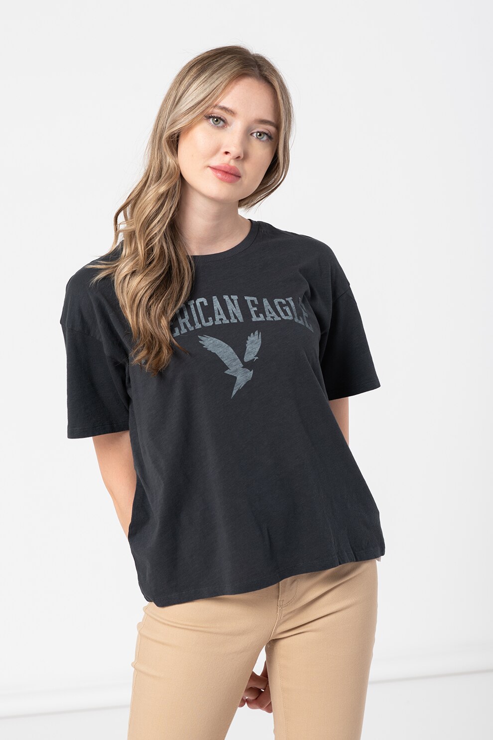 American Eagle, Tricou cu decolteu rotund si imprimeu logo, Gri inchis