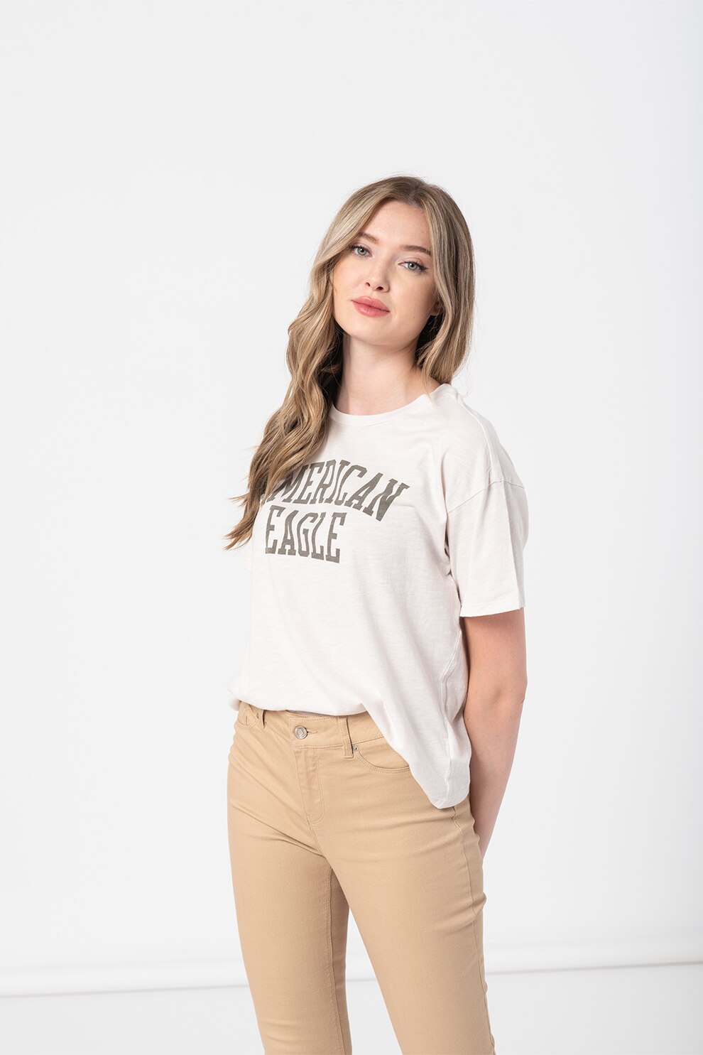 American Eagle, Tricou cu decolteu rotund si imprimeu logo, Alb/Gri
