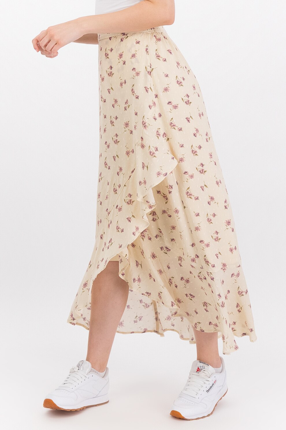 American Eagle, Fusta asimetrica din amestec de modal cu impimeu floral, Crem/Oliv/Lila, S