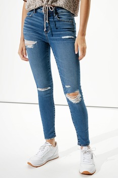 American Eagle, Blugi cu talie inalta si detalii deteriorate, albastru inchis/alb American Eagle, Blugi cu talie inalta si detalii deteriorate, albastru inchis/alb