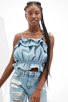 American Eagle, Top de chambray cu volane, Albastru lavanda American Eagle, Top de chambray cu volane, Albastru lavanda