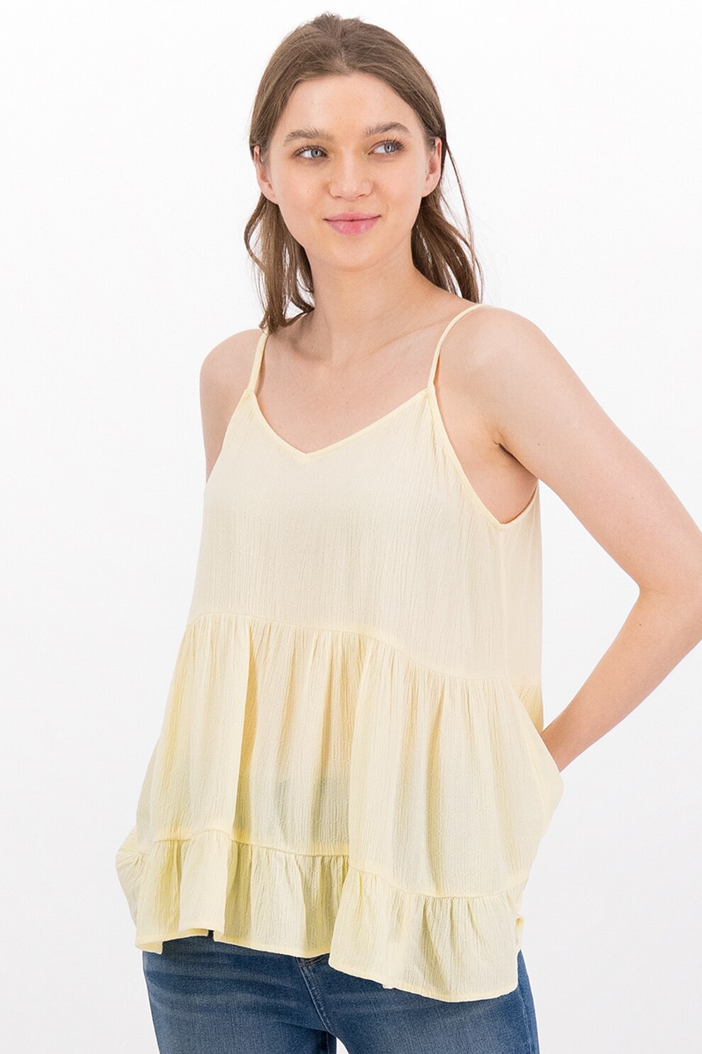 American Eagle, Bluza fara maneci, cu decolteu in V, galben pal