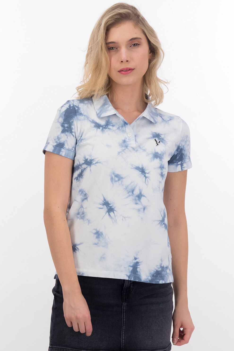 American Eagle, Tricou polo cu model tie-dye, Alb/Bleumarin