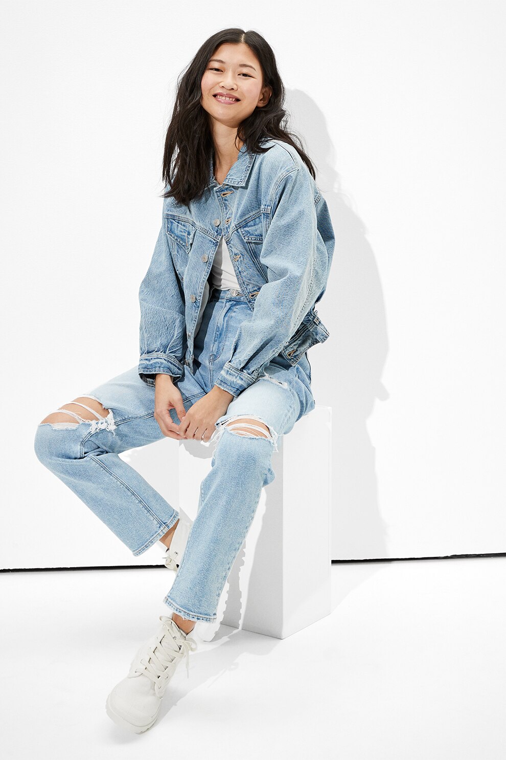 American Eagle, Jacheta de denim cu aspect decolorat, Albastru deschis