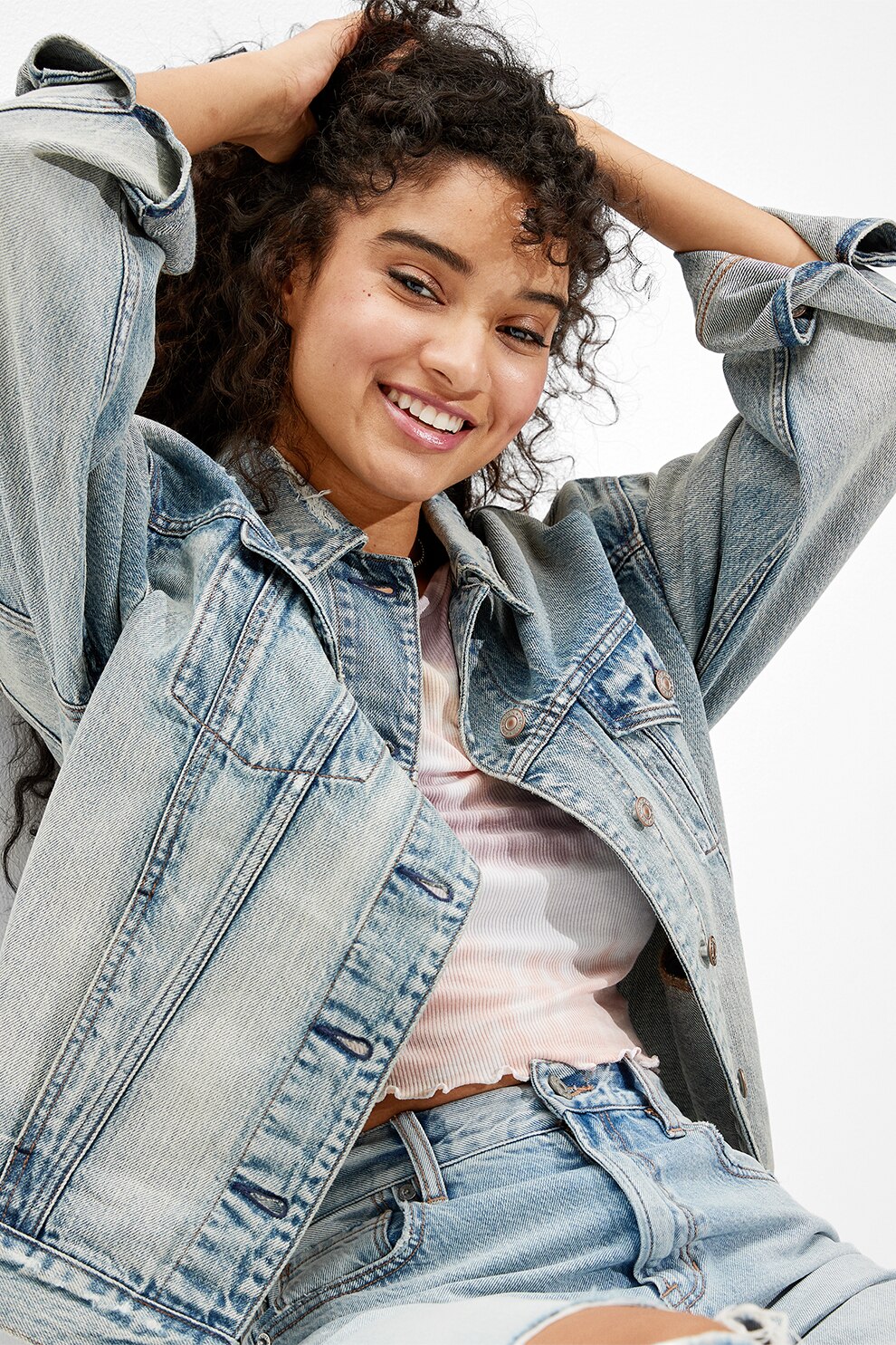 American Eagle, Jacheta de denim cu aspect decolorat, Albastru prafuit/alb prafuit