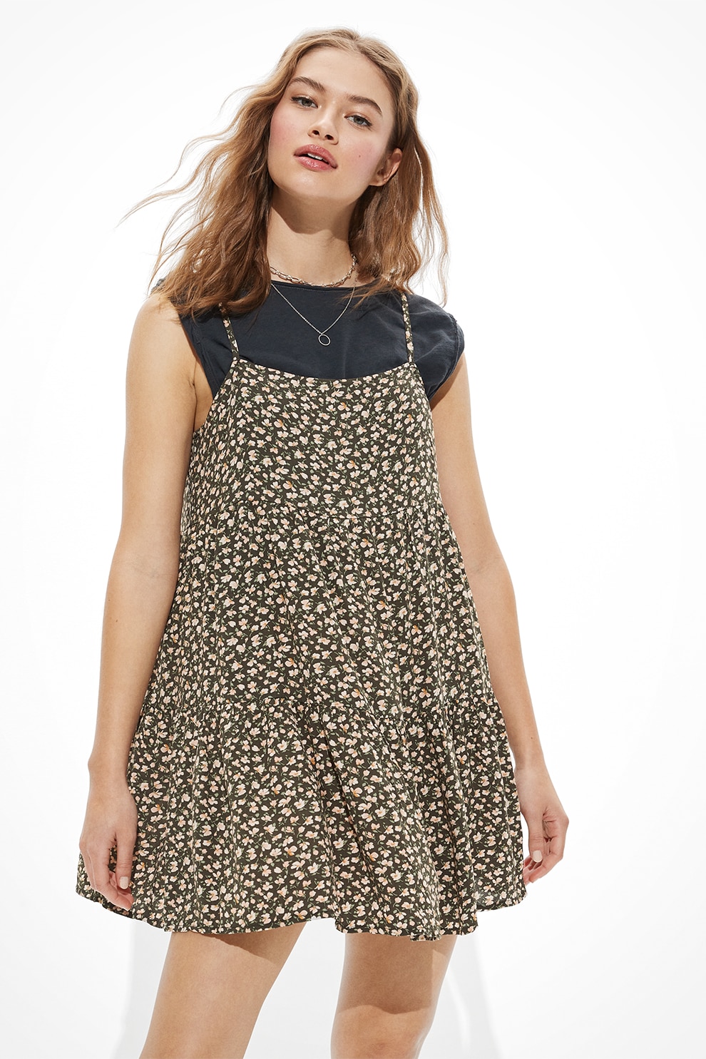 American Eagle, Rochie babydoll cu imprimeu floral si pliseuri, Negru/Verde feriga/Roz piersica