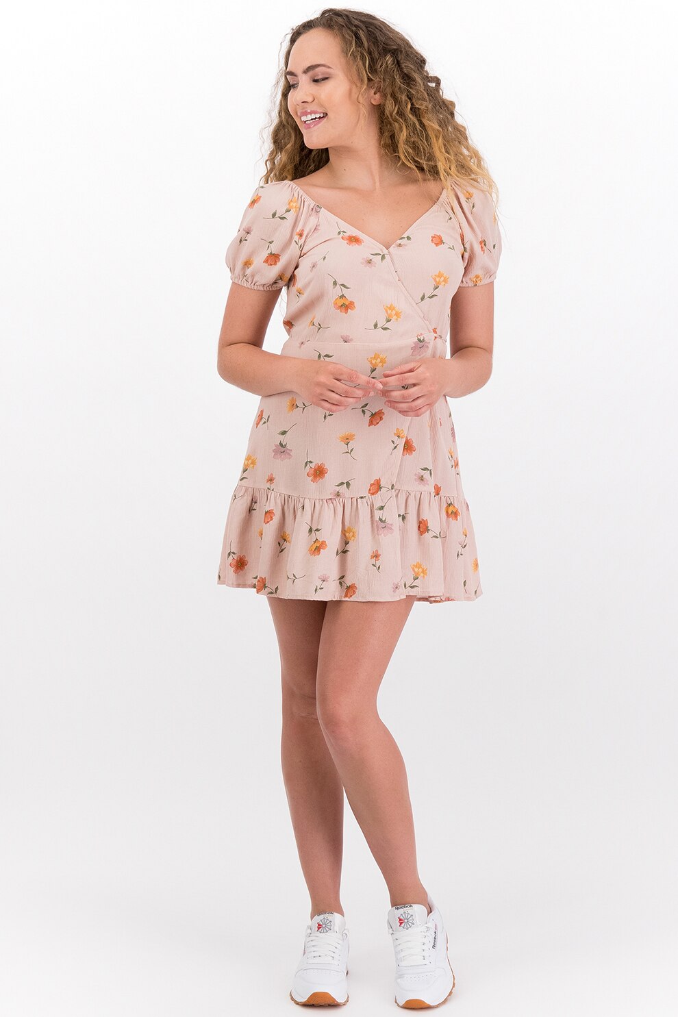American Eagle, Rochie petrecuta cu maneci bufante, Roz piersica/Oanj/Verde