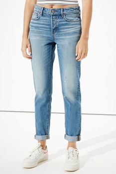 American Eagle, Blugi cu talie medie si aspect decolorat, albastru inchis/alb, W25-L32 American Eagle, Blugi cu talie medie si aspect decolorat, albastru inchis/alb, W25-L32