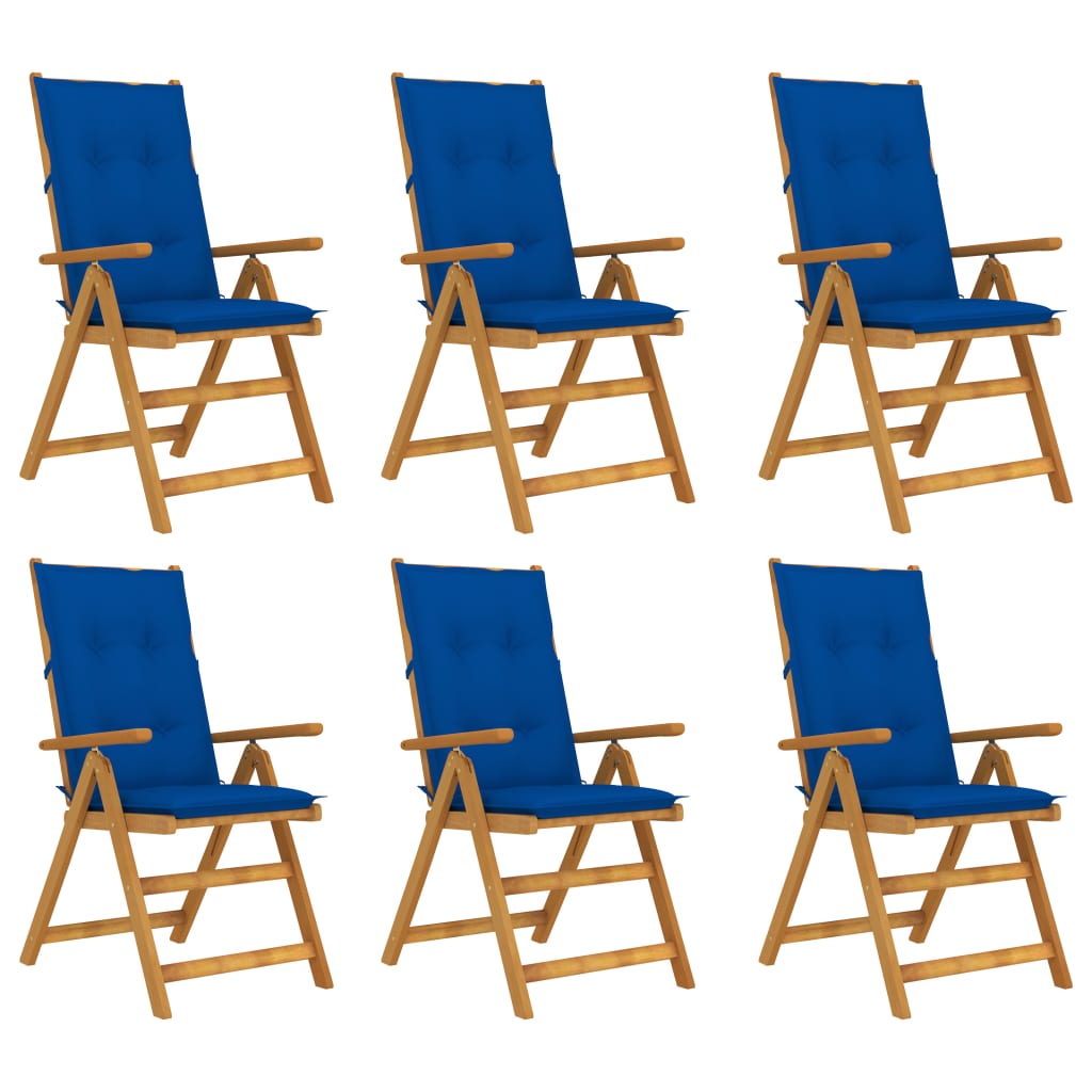 Set de 6 scaune pliabile de gradina, cu perne, vidaXL, Lemn acacia/Textil-poliester, 57 x 69 x 111 cm, 7 cm, Maro/Albastru regal