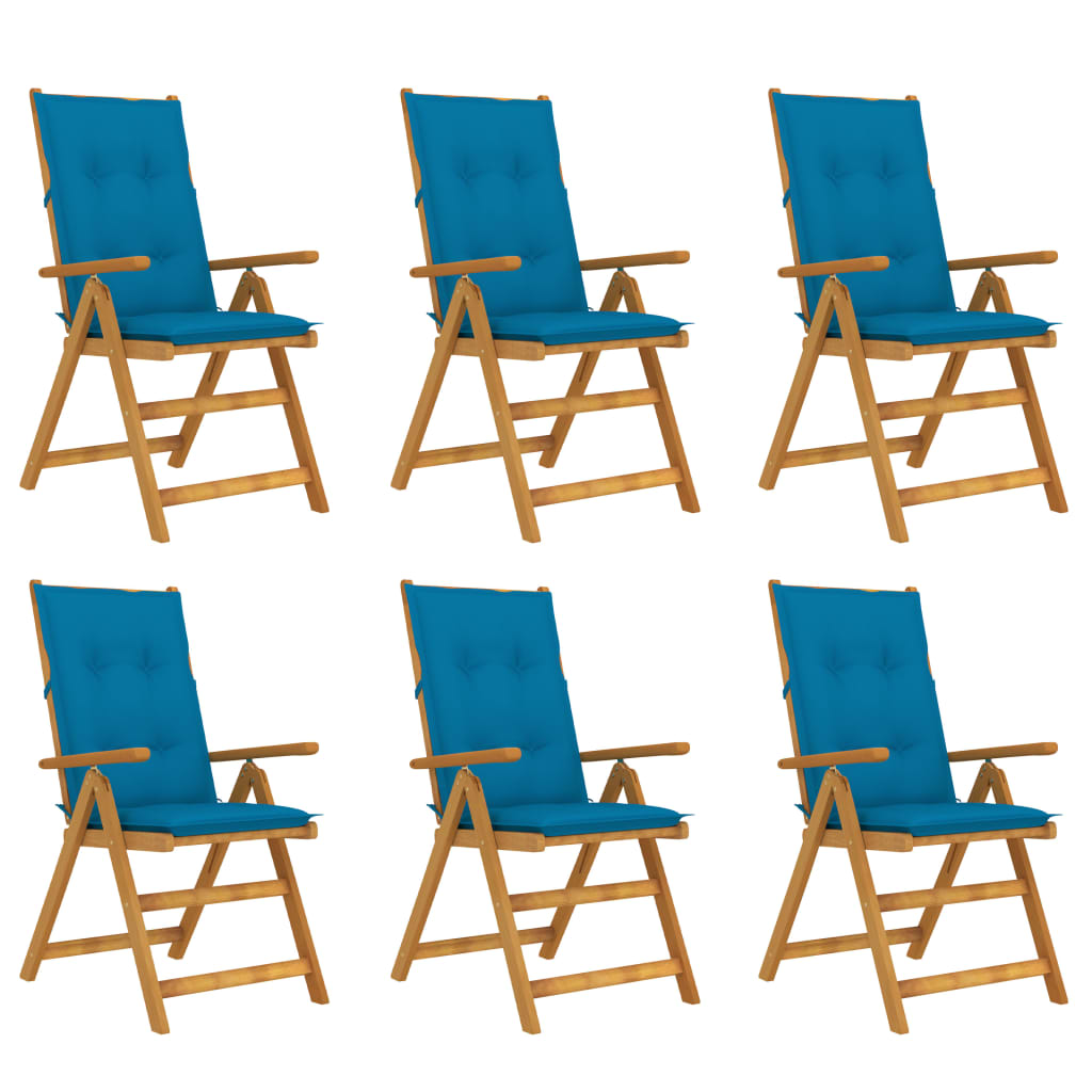 Set de 6 scaune pliabile de gradina, cu perne, vidaXL, Lemn acacia/Textil-poliester, 57 x 69 x 111 cm, 7 cm, Maro/Albastru