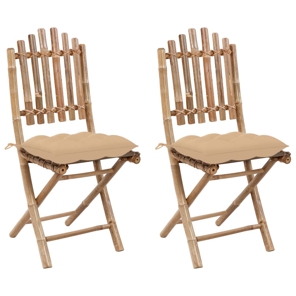 Set de 2 scaune de gradina, cu perna sezut, vidaXL, Bambus, 50 x 42 x 92 cm, 7 cm, Maro/Bej