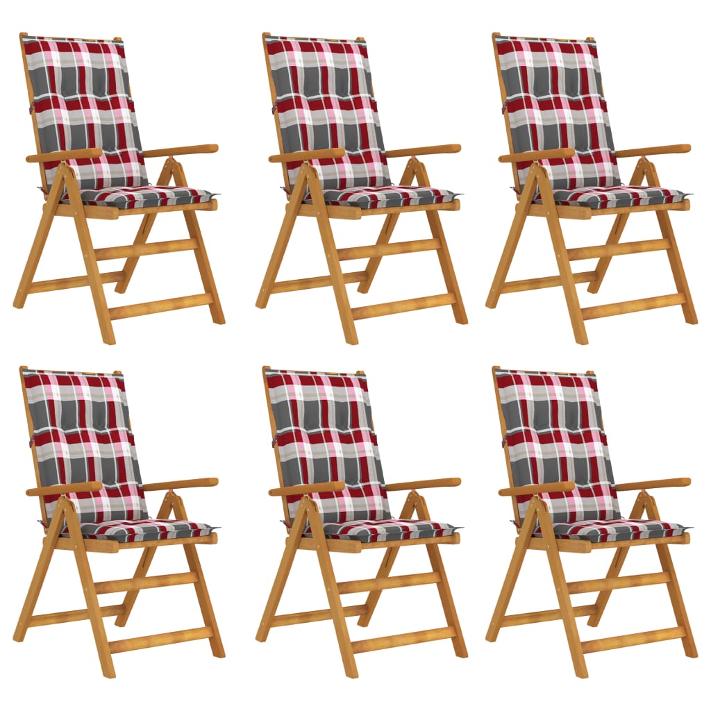 Set de 6 scaune pliabile de gradina, cu perne model carouri, vidaXL, Lemn acacia/Textil-poliester, 57 x 69 x 111 cm, 7 cm, Maro/Rosu
