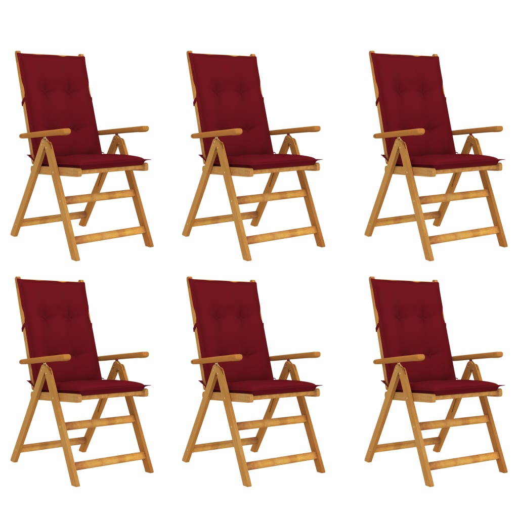 Set de 6 scaune pliabile de gradina, cu perne, vidaXL, Lemn acacia/Textil-poliester, 57 x 69 x 111 cm, 7 cm, Maro/Grena