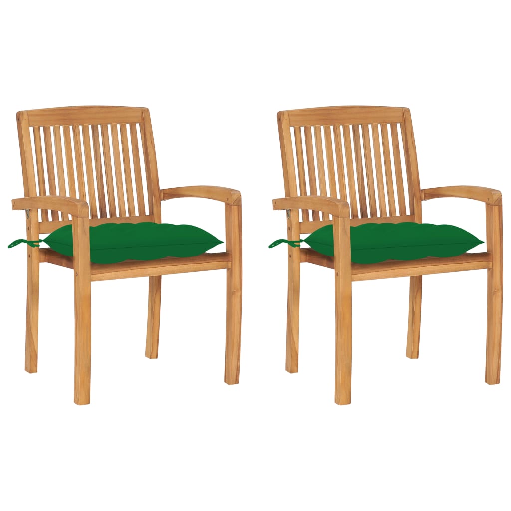 Set de 2 scaune tip fotoliu de exterior, cu perna sezut, vidaXL, Lemn de tec/Textil, 60 x 57,5 x 90 cm, Maro/Verde