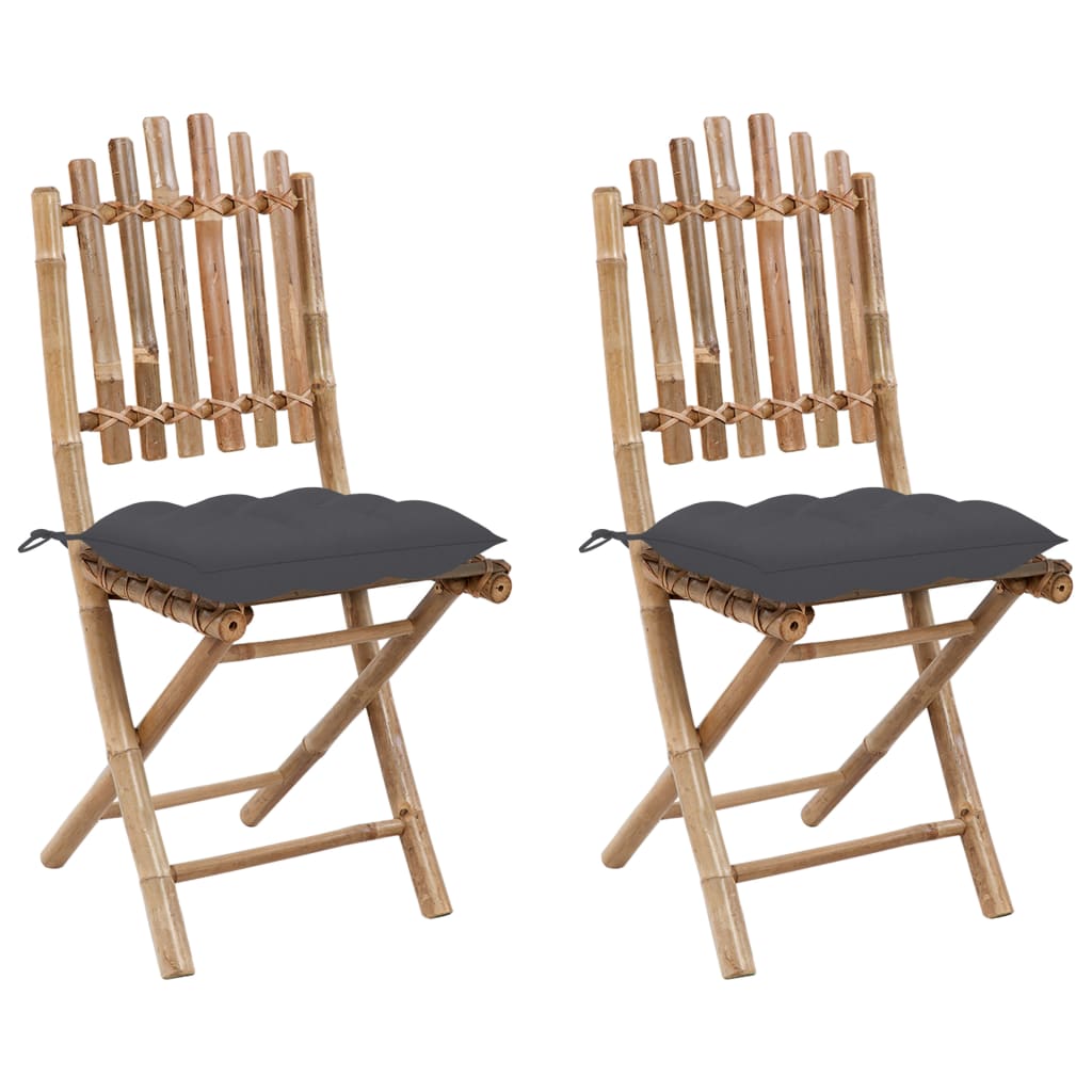 Set de 2 scaune de gradina, cu perna sezut, vidaXL, Bambus, 50 x 42 x 92 cm, 7 cm, Maro/Gri antracit