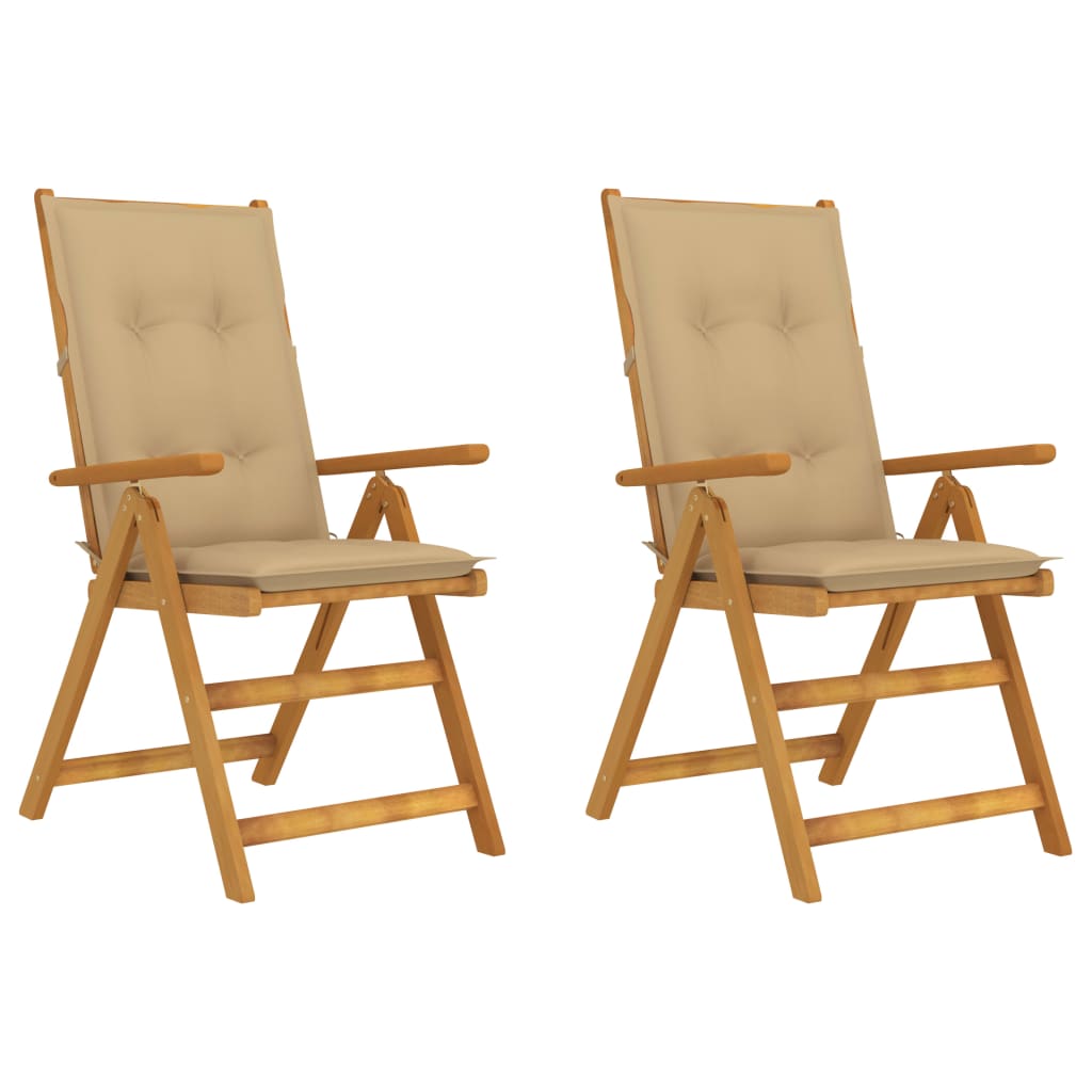 Set de 2 scaune pliabile de gradina, cu perne, vidaXL, Lemn acacia/Textil-poliester, 57 x 69 x 111 cm, 7 cm, Maro/Bej