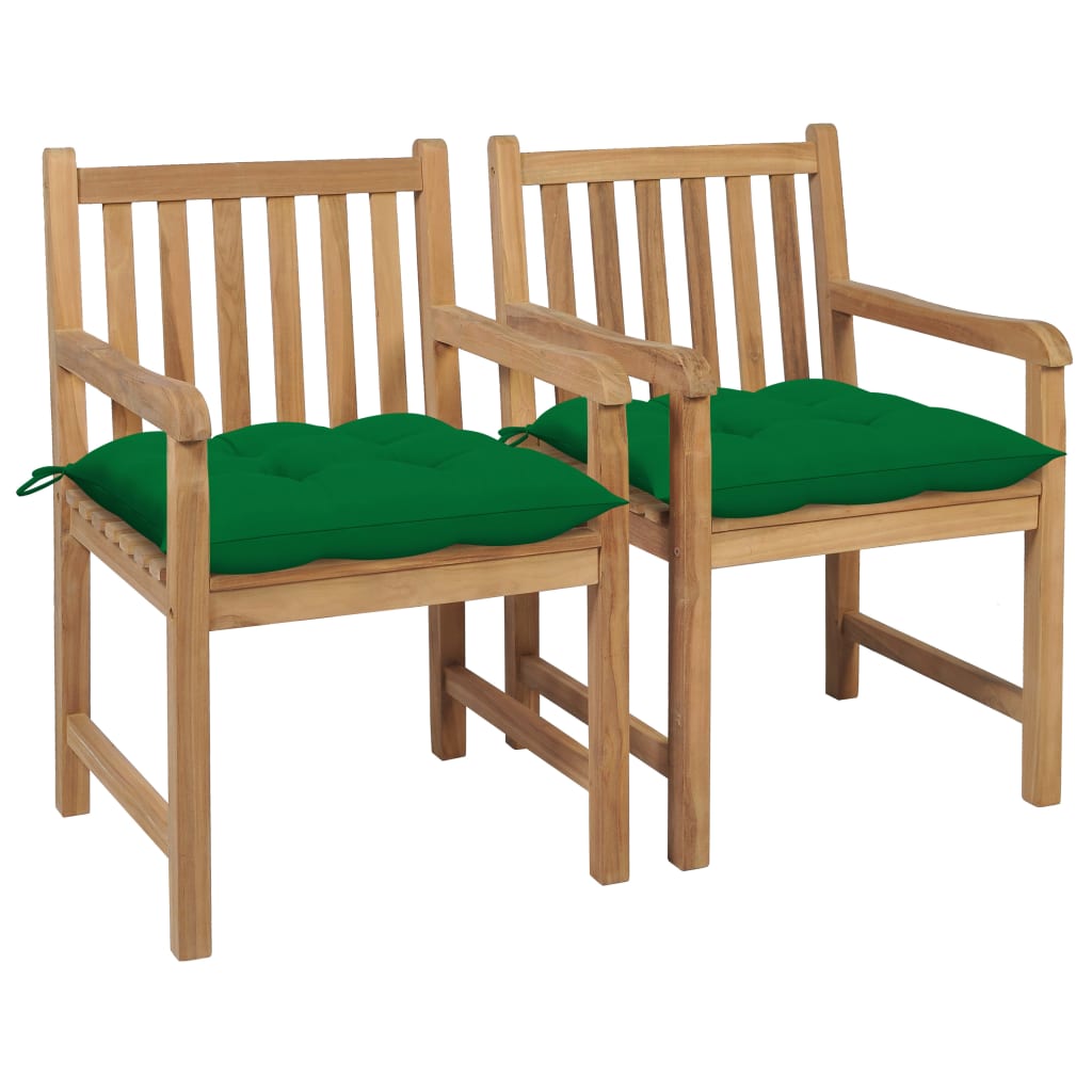 Set de 2 scaune tip fotoliu de exterior, cu perna sezut, vidaXL, Lemn de tec/Textil, 58 x 60 x 90 cm, Maro/Verde