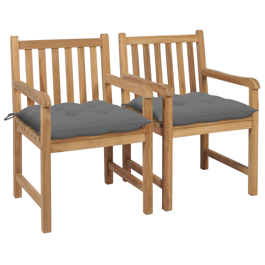 Set de 2 scaune tip fotoliu de exterior, cu perna sezut, vidaXL, Lemn de tec/Textil, 58 x 60 x 90 cm, Maro/Gri