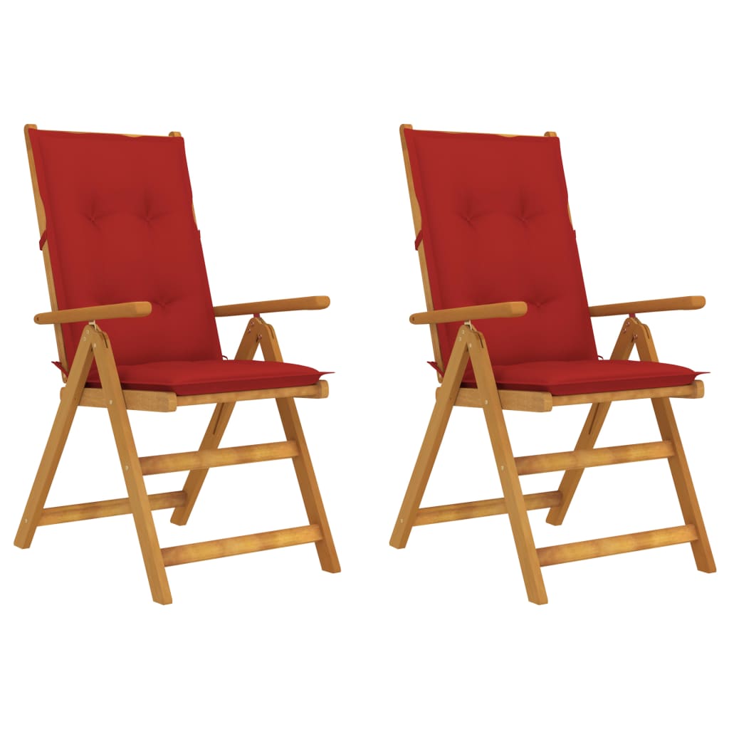 Set de 2 scaune pliabile de gradina, cu perne, vidaXL, Lemn acacia/Textil-poliester, 57 x 69 x 111 cm, 7 cm, Maro/Rosu