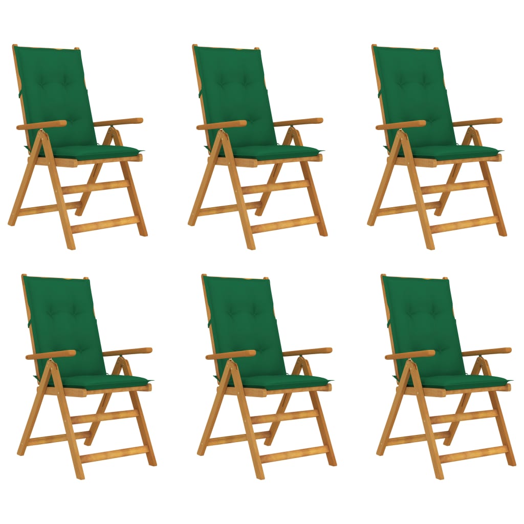 Set de 6 scaune pliabile de gradina, cu perne, vidaXL, Lemn acacia/Textil-poliester, 57 x 69 x 111 cm, 7 cm, Maro/Verde inchis