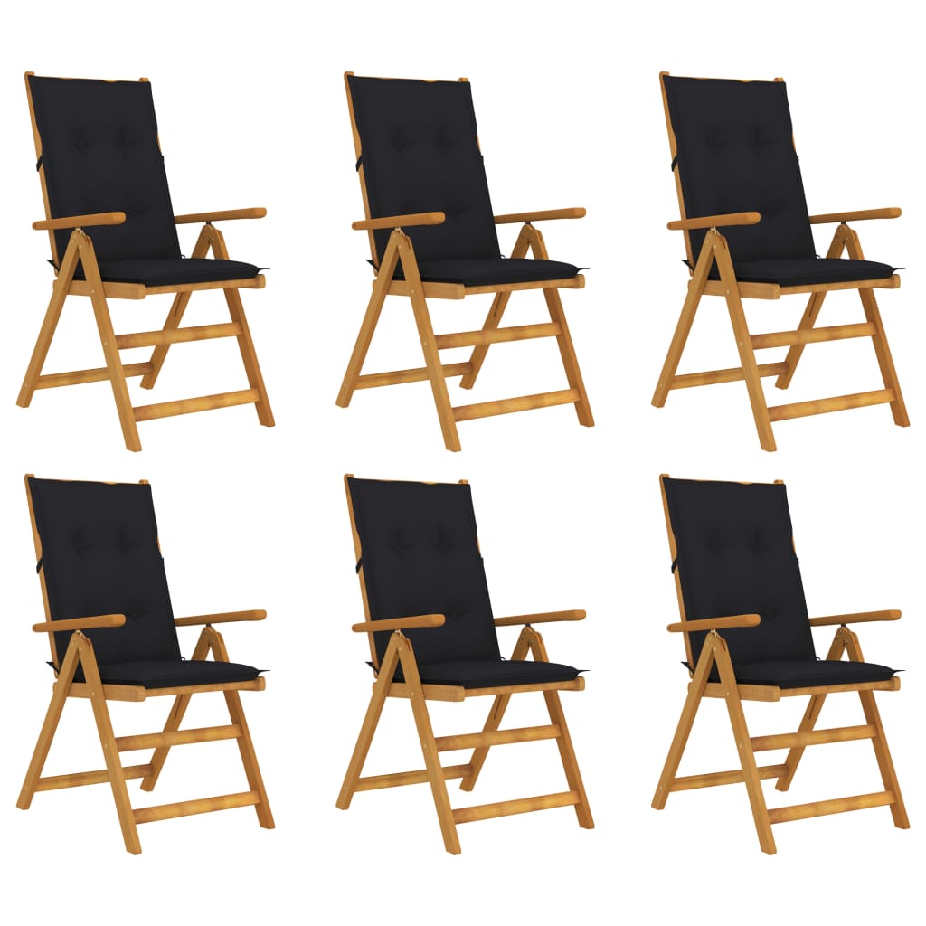 Set de 6 scaune pliabile de gradina, cu perne, vidaXL, Lemn acacia/Textil-poliester, 57 x 69 x 111 cm, 7 cm, Maro/Negru