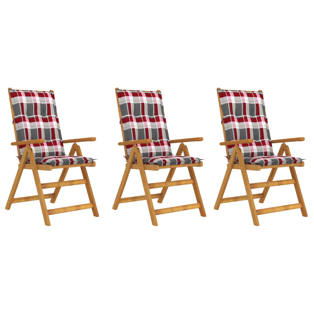 Set de 3 scaune pliabile de gradina, cu perne model carouri, vidaXL, Lemn acacia/Textil-poliester, 57 x 69 x 111 cm, 7 cm, Maro/Rosu