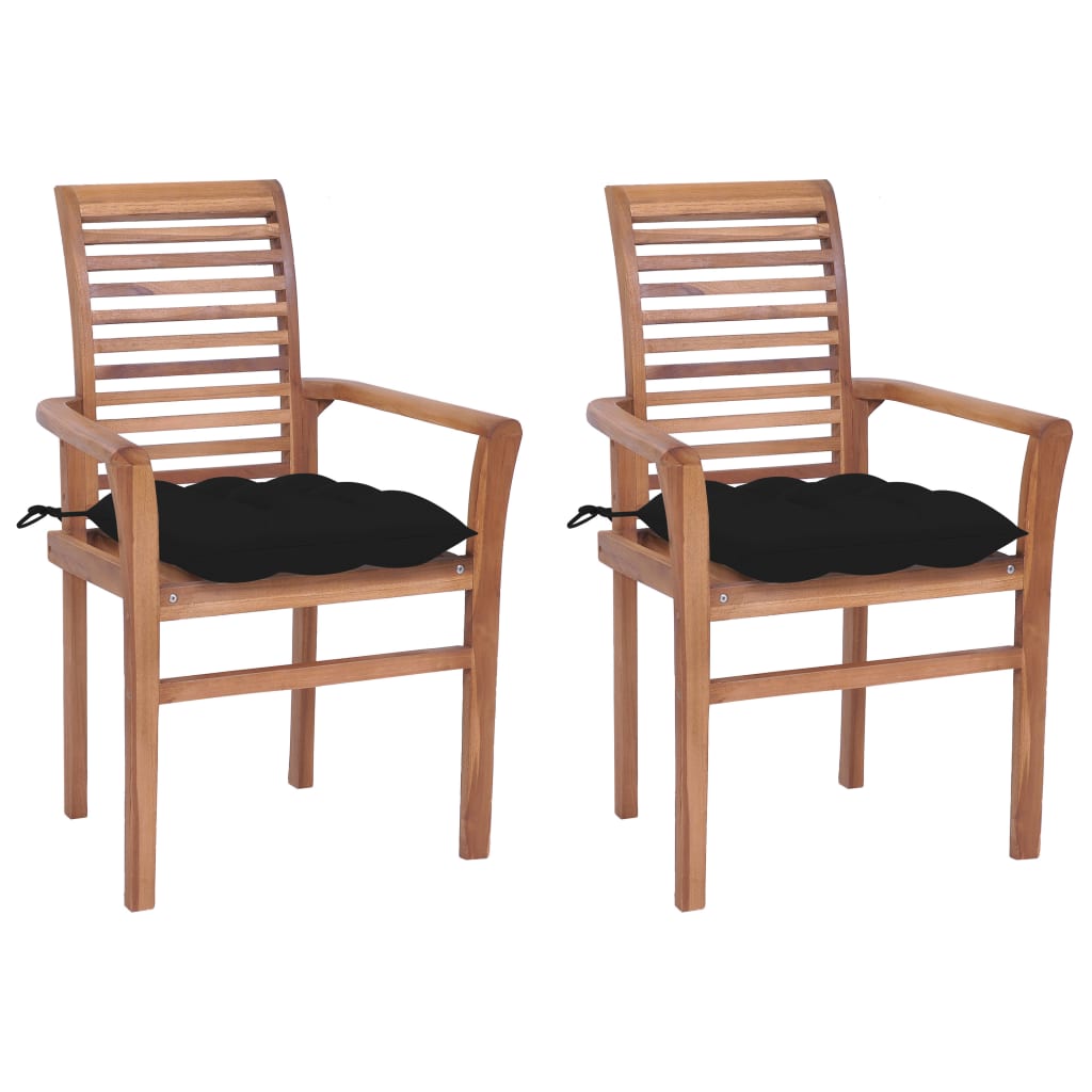 Set de 2 scaune tip fotoliu de exterior, cu perna sezut, vidaXL, Lemn de tec/Textil, 62 x 56,5 x 94 cm, Maro/Negru