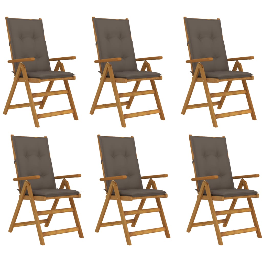 Set de 6 scaune pliabile de gradina, cu perne, vidaXL, Lemn acacia/Textil-poliester, 57 x 69 x 111 cm, 7 cm, Maro/Gri taupe