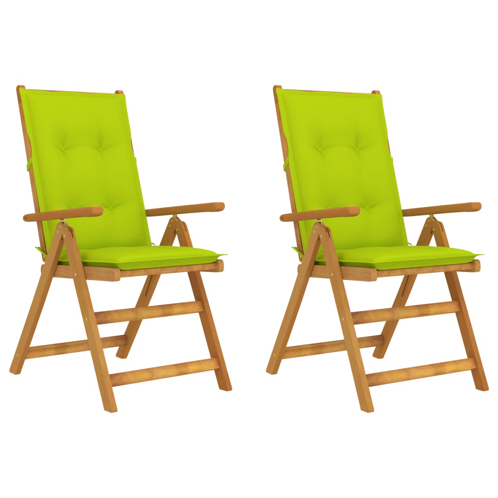 Set de 2 scaune pliabile de gradina, cu perne, vidaXL, Lemn acacia/Textil-poliester, 57 x 69 x 111 cm, 7 cm, Maro/Verde aprins