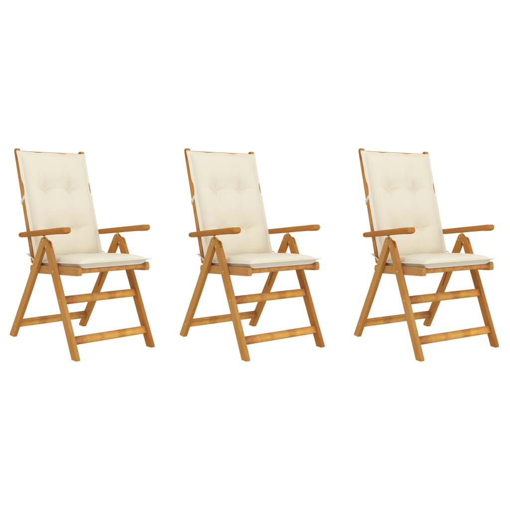 Set de 3 scaune pliabile de gradina, cu perne, vidaXL, Lemn acacia/Textil-poliester, 57 x 69 x 111 cm, 7 cm, Maro/Crem