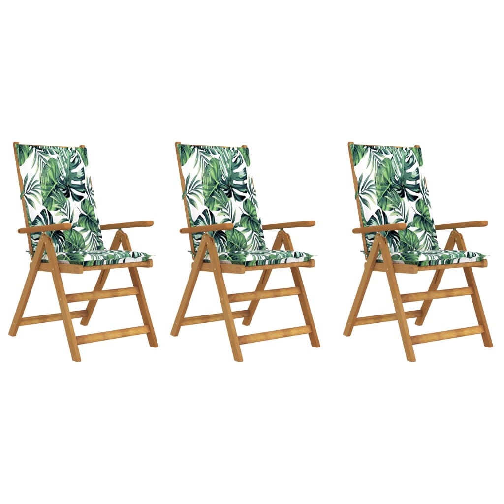 Set de 3 scaune pliabile de gradina, cu perne model frunze, vidaXL, Lemn acacia/Textil-poliester, 57 x 69 x 111 cm, 7 cm, Maro/Verde