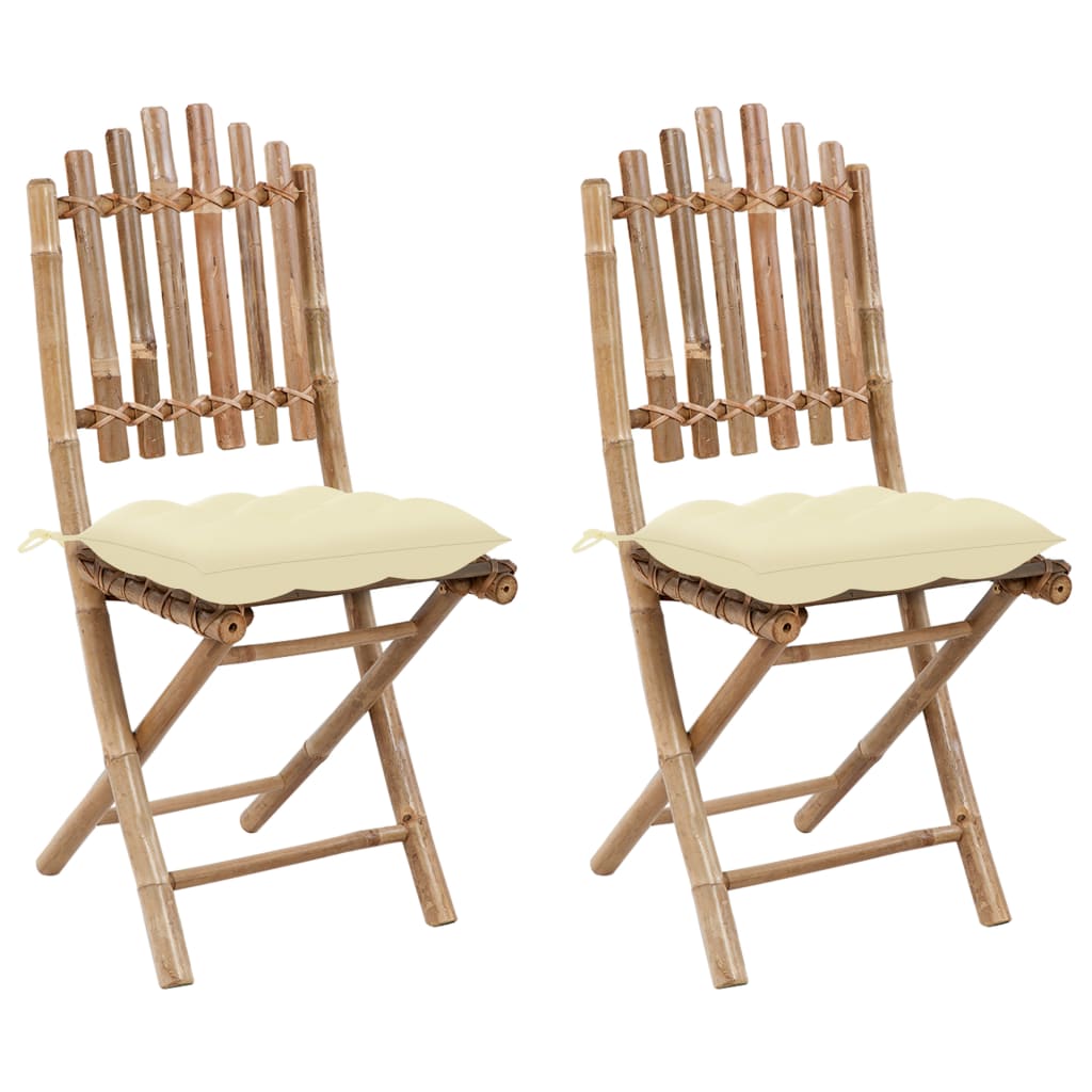 Set de 2 scaune de gradina, cu perna sezut, vidaXL, Bambus, 50 x 42 x 92 cm, 7 cm, Maro/Crem
