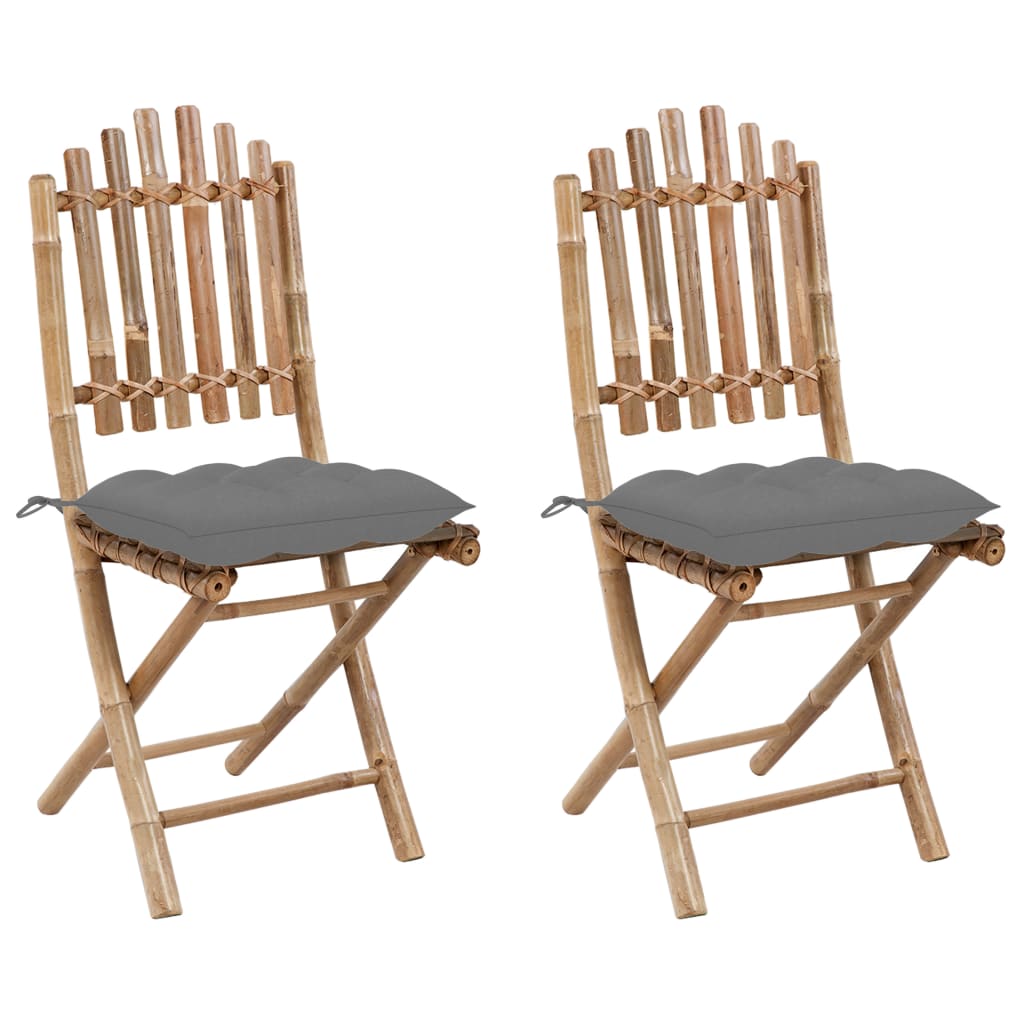 Set de 2 scaune de gradina, cu perna sezut, vidaXL, Bambus, 50 x 42 x 92 cm, 7 cm, Maro/Gri deschis