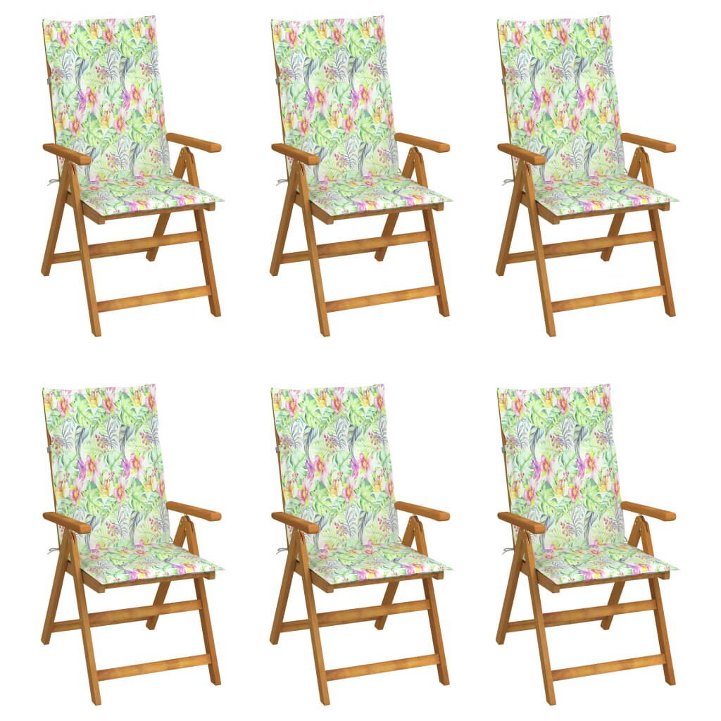 Set de 6 scaune pliabile de gradina, cu perne model exotic, vidaXL, Lemn acacia/Textil-poliester, 57 x 69 x 111 cm, 4 cm, Maro/Multicolor