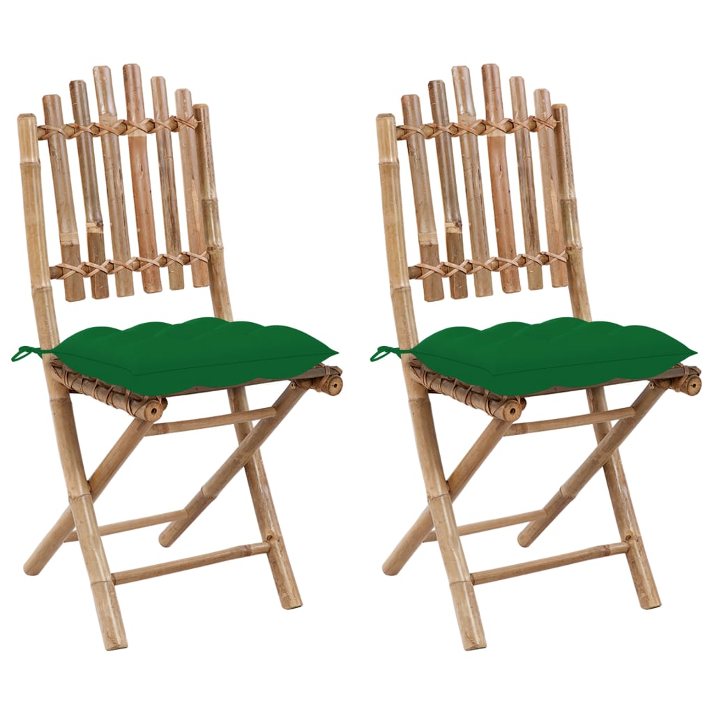 Set de 2 scaune de gradina, cu perna sezut, vidaXL, Bambus, 50 x 42 x 92 cm, 7 cm, Maro/Verde