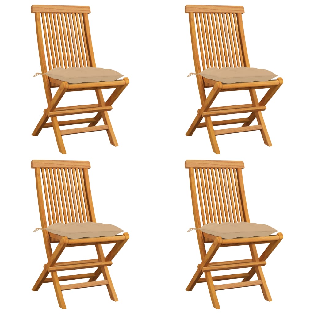 Set de 4 scaune de exterior, vidaXL, Lemn de tec/Poliester, 47 x 60 x 89 cm, Maro/Bej