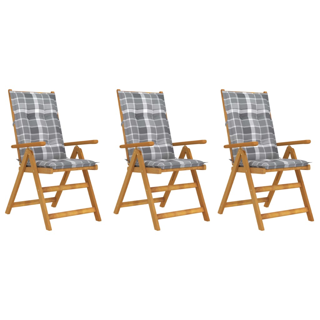Set de 3 scaune pliabile de gradina, cu perne model carouri, vidaXL, Lemn acacia/Textil-poliester, 57 x 69 x 111 cm, 7 cm, Maro/Multicolor