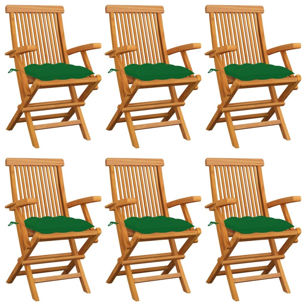 Set de 6 scaune de exterior, cu brate si perne sezut, vidaXL, Lemn de tec/Poliester, 55 x 60 x 89 cm, Maro/Verde