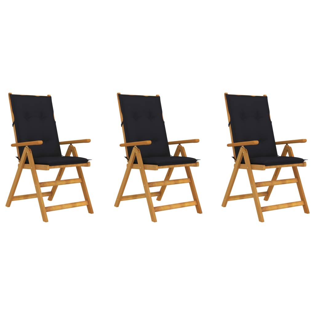 Set de 3 scaune pliabile de gradina, cu perne, vidaXL, Lemn acacia/Textil-poliester, 57 x 69 x 111 cm, 7 cm, Maro/Negru