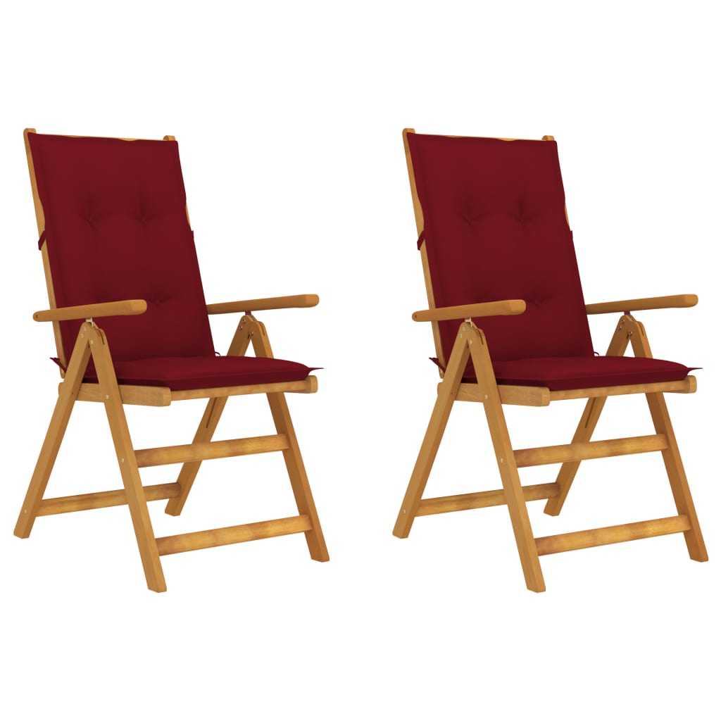 Set de 2 scaune pliabile de gradina, cu perne, vidaXL, Lemn acacia/Textil-poliester, 57 x 69 x 111 cm, 7 cm, Maro/Grena