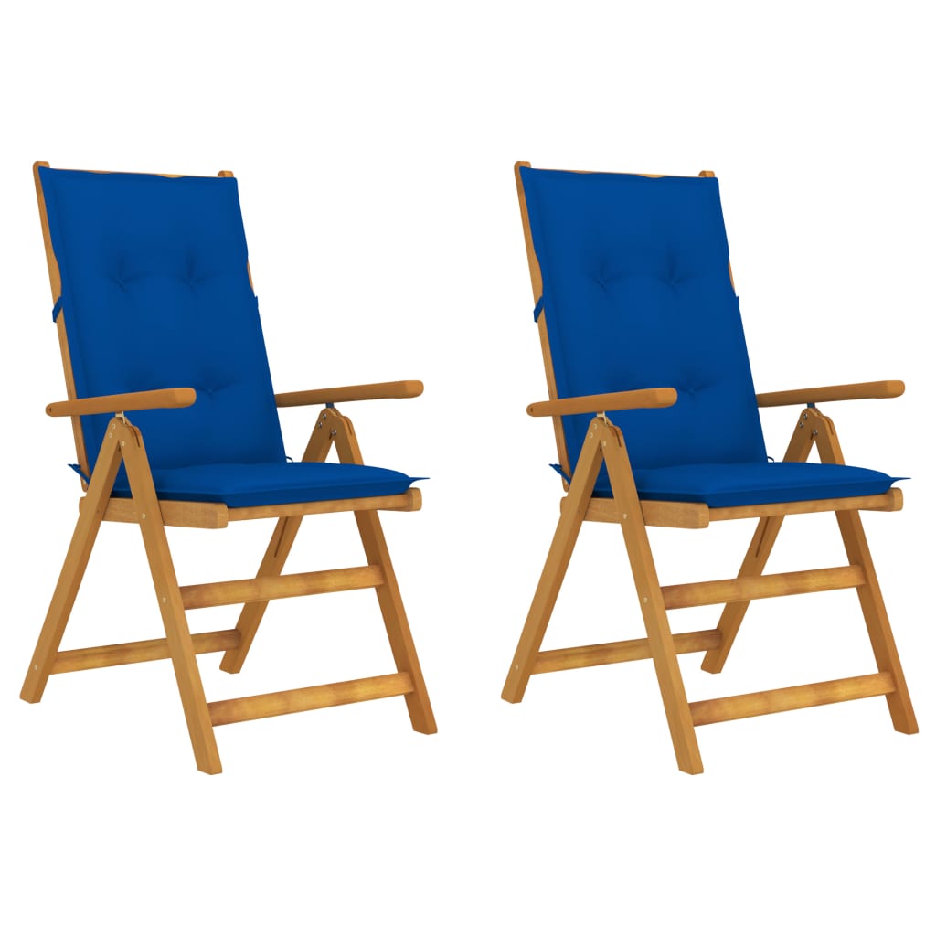 Set de 2 scaune pliabile de gradina, cu perne, vidaXL, Lemn acacia/Textil-poliester, 57 x 69 x 111 cm, 7 cm, Maro/Albastru regal