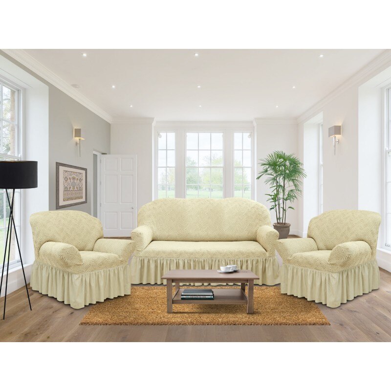Set Huse Multielastice Jacquard, Pentru Canapea 3 Locuri si 2 Fotolii, Cu Volan, Model 5, Alb Murdar