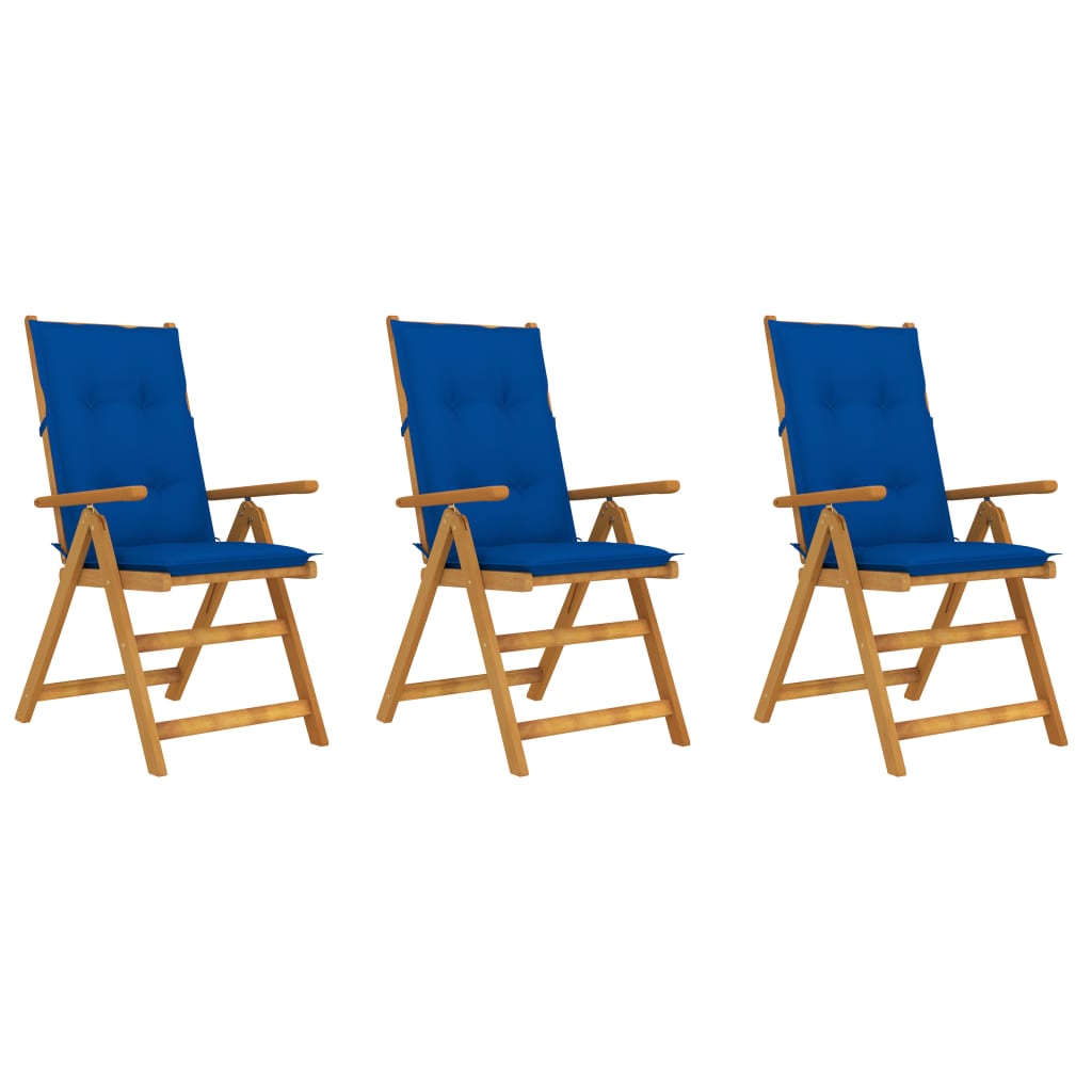 Set de 3 scaune pliabile de gradina, cu perne, vidaXL, Lemn acacia/Textil-poliester, 57 x 69 x 111 cm, 7 cm, Maro/Albastru regal
