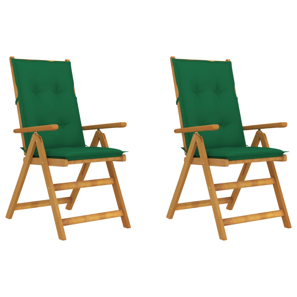 Set de 2 scaune pliabile de gradina, cu perne, vidaXL, Lemn acacia/Textil-poliester, 57 x 69 x 111 cm, 7 cm, Maro/Verde