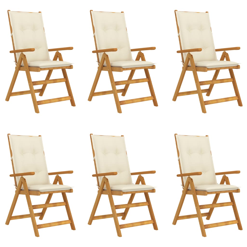 Set de 6 scaune pliabile de gradina, cu perne, vidaXL, Lemn acacia/Textil-poliester, 57 x 69 x 111 cm, 7 cm, Maro/Crem