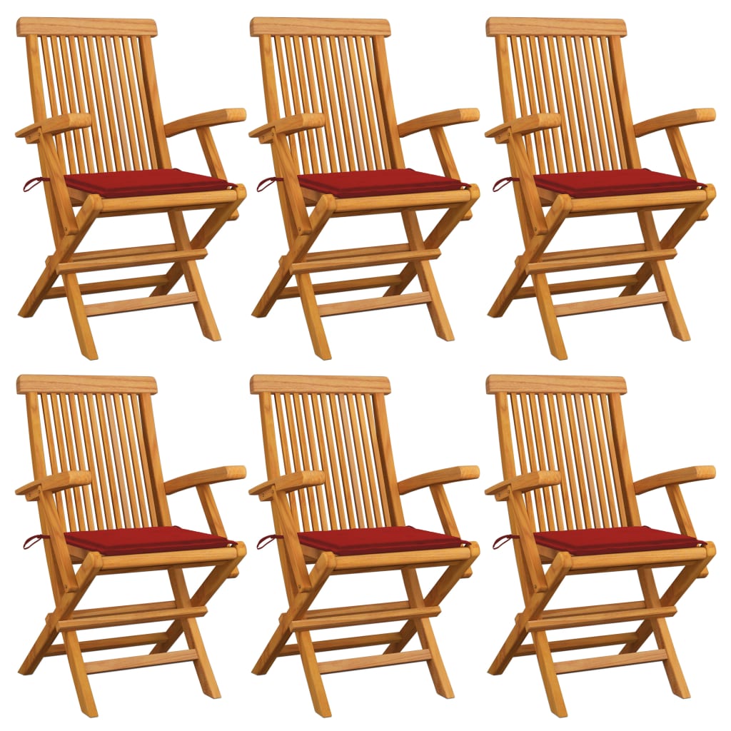 Set de 6 scaune de exterior, cu brate si perne sezut, vidaXL, Lemn de tec/Poliester, 55 x 60 x 89 cm, 4 cm, Maro/Rosu
