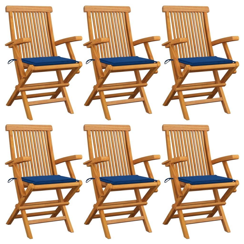 Set de 6 scaune de exterior, cu brate si perne sezut, vidaXL, Lemn de tec/Poliester, 55 x 60 x 89 cm, 4 cm, Maro/Albastru regal