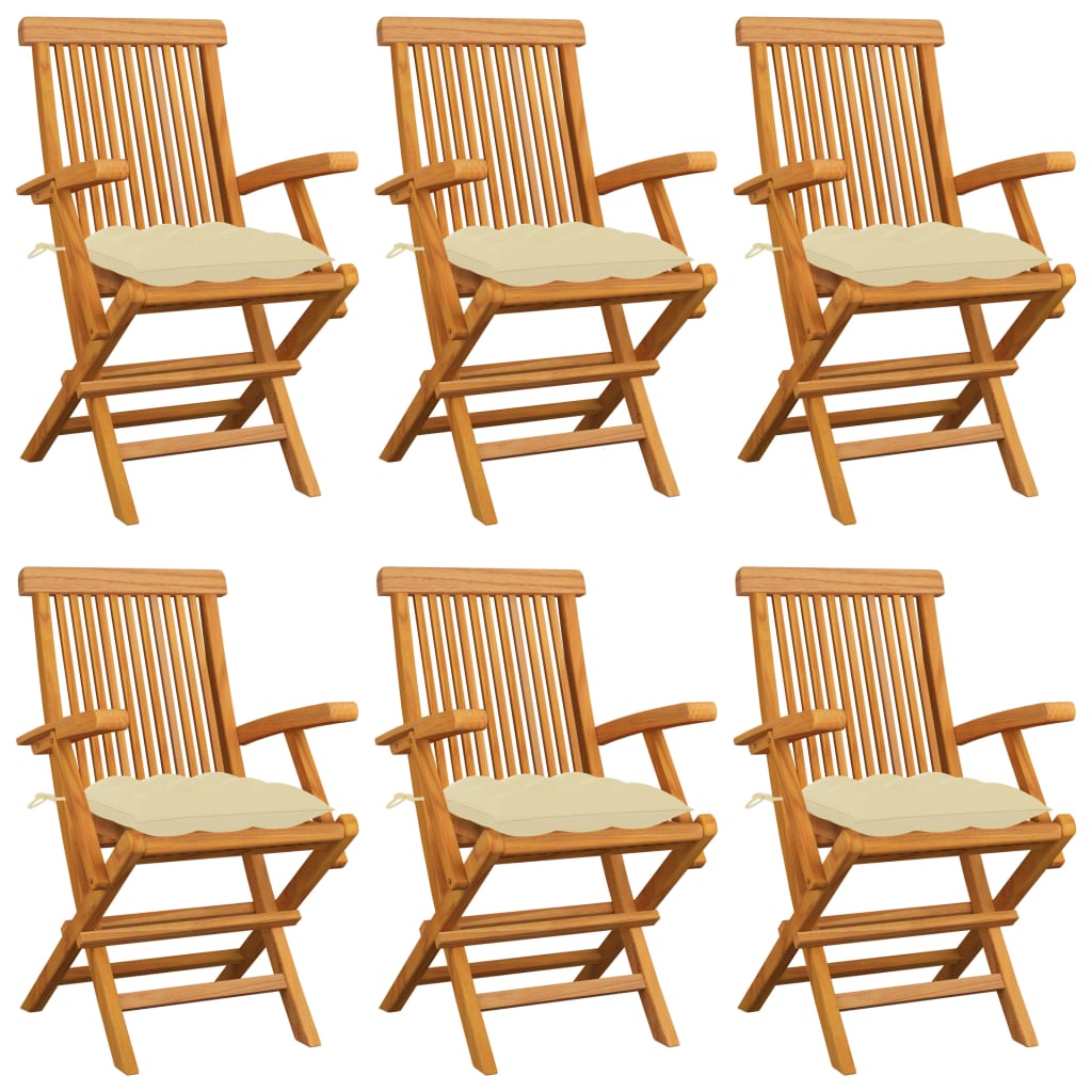 Set de 6 scaune de exterior, cu brate si perne sezut, vidaXL, Lemn de tec/Poliester, 55 x 60 x 89 cm, Maro/Crem